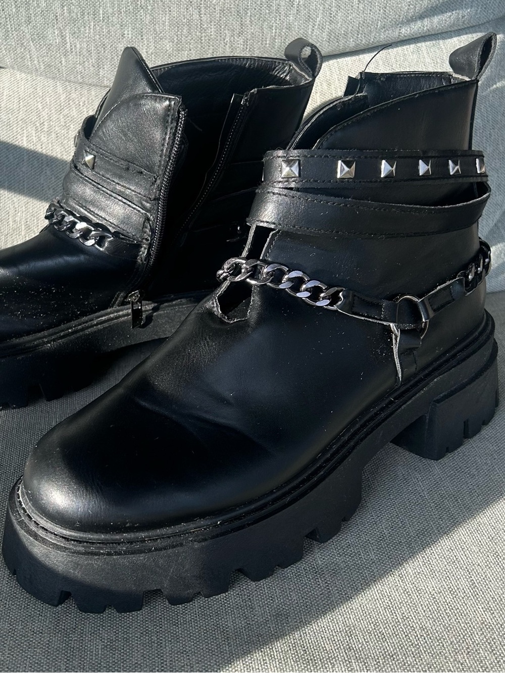 Olivia Miller Studded Chain Accent Chunky Lug Sole Ankle Boots